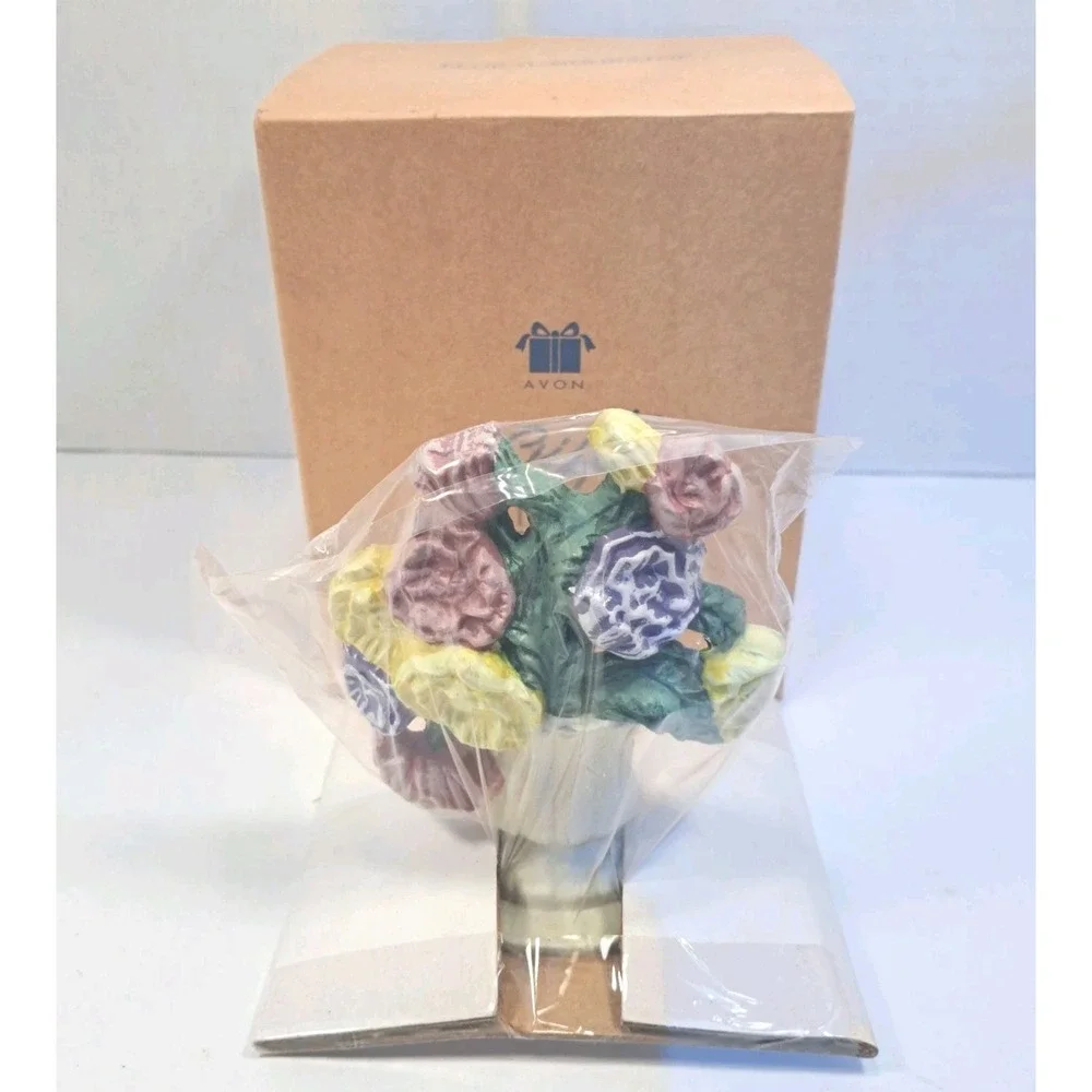 Vintage Avon Floral Cast Iron Pink Purple Yellow Flower Basket 5